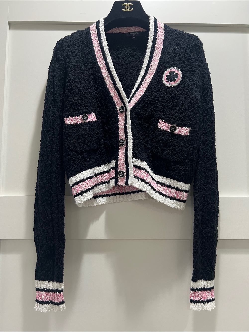 Chanel Black Tweed Cropped Cardigan with Pink & White Trim